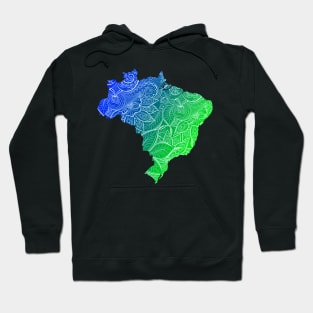 Colorful mandala art map of Brazil with text in blue and green Hoodie